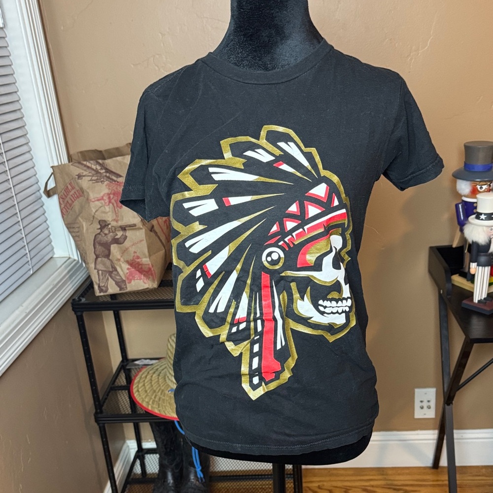 Black Graphic Tee with Skull and Headdress Design
